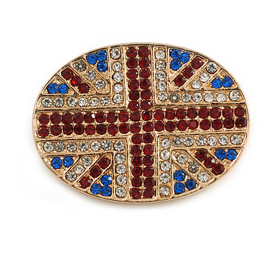 Union Jack Red/Blue/Clear Crystal Oval Brooch in Gold Tone - 30mm Across - main view