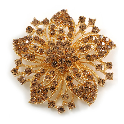 Statement Caramel Brown Crystal Flower Brooch in Gold Tone - 55mm Diameter - main view