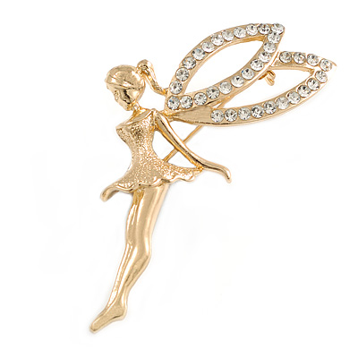 Gold Tone Clear Crystal Fairy Brooch - 55mm L