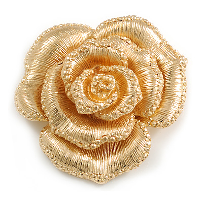 Large Layered Rose Brooch In Brushed Gold Finish/ 55mm Across - main view