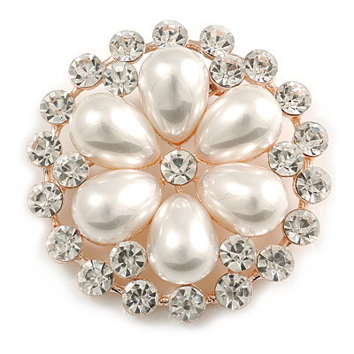 Clear Crystal Faux Pearl Flower Brooch In Rose Gold/ 55mm Diameter - main view