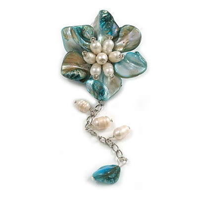 55mm D/Turquoise Blue Shell and Freshwater Pearls Chain with Charms Asymmetric Flower Brooch/Slight Variation In Colour/Size/Shape/Natural Irregularit - main view