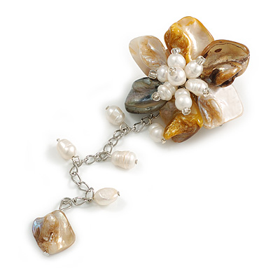 50mm D/Multi Shell and Freshwater Pearls Chain with Charms Asymmetric Flower Brooch/Slight Variation In Colour/Size/Shape/Natural Irregularities - main view