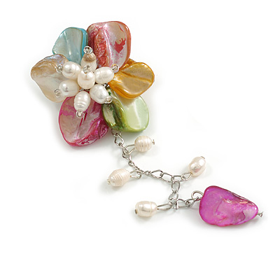 55mm D/Shell with Freshwater Pearls Chain with Charms Asymmetric Flower Brooch/Pastel Multi/Slight Variation In Colour/Size/Shape/Natural Irregulariti - main view