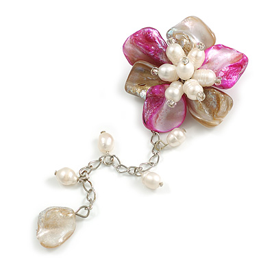 50mm D/Pink/Cream Shell and Freshwater Pearls Chain with Charms Asymmetric Flower Brooch/Slight Variation In Colour/Size/Shape/Natural Irregularities - main view