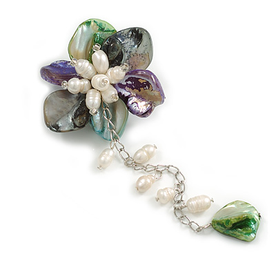 55mm D/Multicoloured Shell and Freshwater Pearls Chain with Charms Asymmetric Flower Brooch/Slight Variation In Colour/Size/Shape/Natural Irregulariti