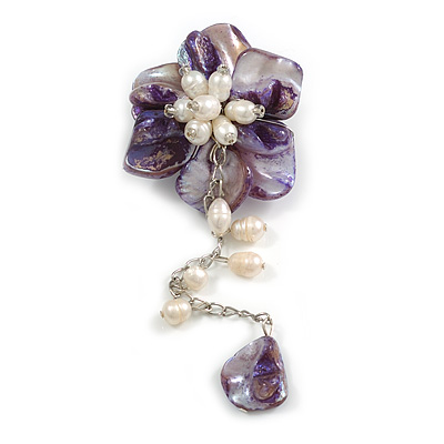 55mm D/Purple Shell with Freshwater Pearls Chain with Charms Asymmetric Flower Brooch/Slight Variation In Colour/Size/Shape/Natural Irregularities