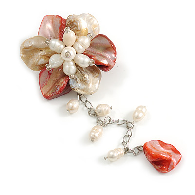 50mm D/Red/Cream Shell and Freshwater Pearls Chain with Charms Asymmetric Flower Brooch/Slight Variation In Colour/Size/Shape/Natural Irregularities - main view