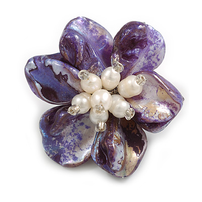 50mm/Purple Shell with Freshwater Pearl Bead Asymmetric Flower Brooch/Handmade/Slight Variation In Colour/Size/Shape/Natural Irregularities - main view