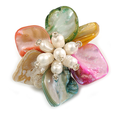50mm/Pastel Multi Shell with Freshwater Pearl Bead Asymmetric Flower Brooch/Handmade/Slight Variation In Colour/Size/Shape/Natural Irregularities