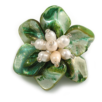 50mm/Green Shell with Freshwater Pearl Bead Asymmetric Flower Brooch/Handmade/Slight Variation In Colour/Size/Shape/Natural Irregularities