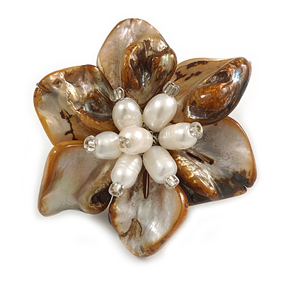 50mm/Brown Shell with Freshwater Pearl Bead Asymmetric Flower Brooch/Handmade/Slight Variation In Colour/Size/Shape/Natural Irregularities - main view