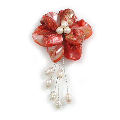 50mm D/Red Shell with Freshwater Pearl Bead Tassel Asymmetric Flower Brooch/Slight Variation In Colour/Size/Shape/Natural Irregularities - main view