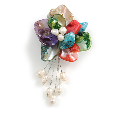 50mm D/Shell with Freshwater Pearl Bead Tassel Asymmetric Flower Brooch/Multicoloured/Slight Variation In Colour/Size/Shape/Natural Irregularities - main view