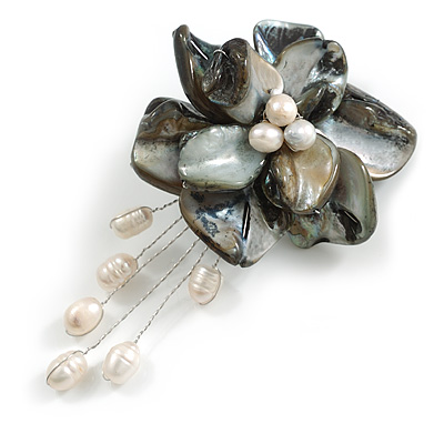 50mm D/Black Shell with Freshwater Pearl Bead Tassel Asymmetric Flower Brooch/Slight Variation In Colour/Size/Shape/Natural Irregularities - main view