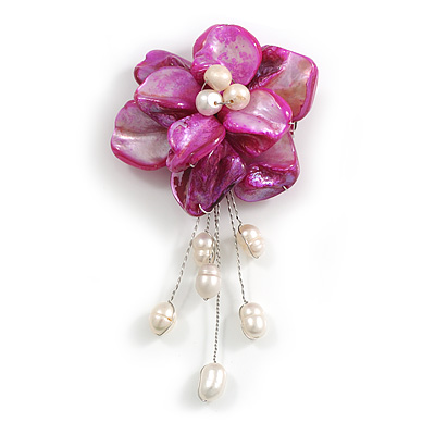 50mm D/Fuchsia Shell with Freshwater Pearl Bead Tassel Asymmetric Flower Brooch/Slight Variation In Colour/Size/Shape/Natural Irregularities - main view