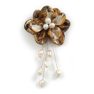 50mm D/Brown Shell with Freshwater Pearl Bead Tassel Asymmetric Flower Brooch/Slight Variation In Colour/Size/Shape/Natural Irregularities - main view