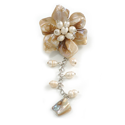 50mm D/Cream Shell and Freshwater Pearls Chain with Charms Asymmetric Flower Brooch/Slight Variation In Colour/Size/Shape/Natural Irregularities - main view