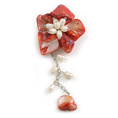 50mm D/Red Shell and Freshwater Pearls Chain with Charms Asymmetric Flower Brooch/Slight Variation In Colour/Size/Shape/Natural Irregularities - main view