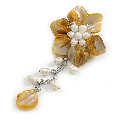 50mm D/Yellow Shell and Freshwater Pearls Chain with Charms Asymmetric Flower Brooch/Slight Variation In Colour/Size/Shape/Natural Irregularities - main view