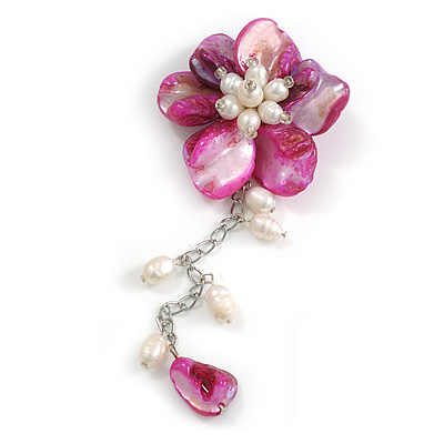 50mm D/Magenta Shell and Freshwater Pearls Chain with Charms Asymmetric Flower Brooch/Slight Variation In Colour/Size/Shape/Natural Irregularities
