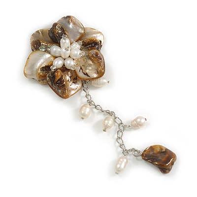 50mm D/Brown Shell and Freshwater Pearls Chain with Charms Asymmetric Flower Brooch/Slight Variation In Colour/Size/Shape/Natural Irregularities - main view