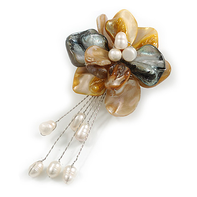 50mm D/Yellow/Cream/Black Shell with Freshwater Pearl Bead Tassel Asymmetric Flower Brooch/Slight Variation In Colour/Size/Shape/Natural Irregularitie - main view