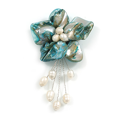 50mm D/Light Blue Shell with Freshwater Pearl Bead Tassel Asymmetric Flower Brooch/Slight Variation In Colour/Size/Shape/Natural Irregularities - main view