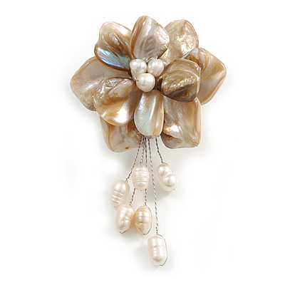 50mm D/Natural Shell with Freshwater Pearl Bead Tassel Asymmetric Flower Brooch/Slight Variation In Colour/Size/Shape/Natural Irregularities - main view