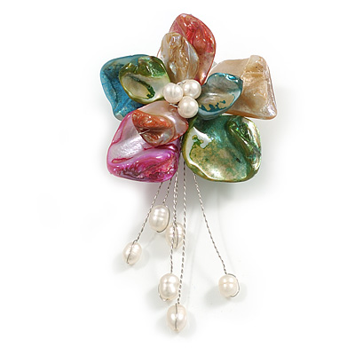 Multicoloured Shell with Freshwater Pearl Bead Tassel Asymmetric Flower Brooch/Slight Variation In Colour/Size/Shape/Natural Irregularities - main view