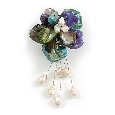 50mm D/Multicoloured Shell with Freshwater Pearl Bead Tassel Asymmetric Flower Brooch/Slight Variation In Colour/Size/Shape/Natural Irregularities - main view