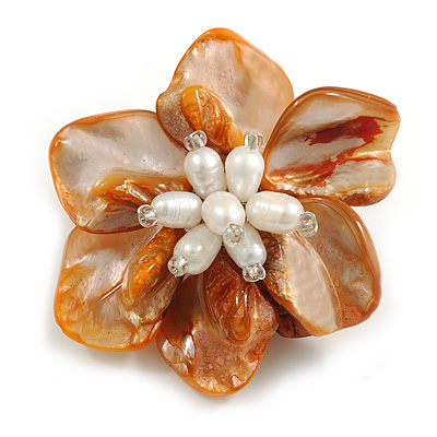 50mm/Orange Shell with Freshwater Pearl Bead Asymmetric Flower Brooch/Handmade/Slight Variation In Colour/Size/Shape/Natural Irregularities - main view