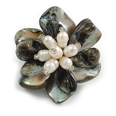 50mm/Black/Grey Shell with Freshwater Pearl Bead Asymmetric Flower Brooch/Handmade/Slight Variation In Colour/Size/Shape/Natural Irregularities - main view