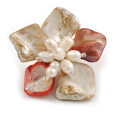 50mm/Red/Cream Shell with Freshwater Pearl Bead Asymmetric Flower Brooch/Handmade/Slight Variation In Colour/Size/Shape/Natural Irregularitie