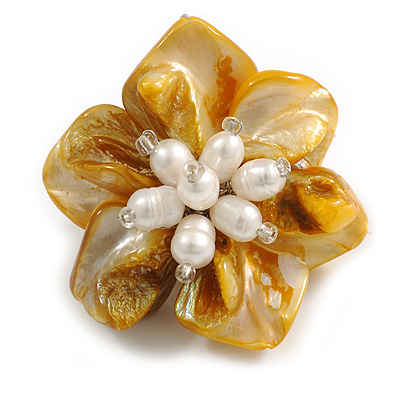 50mm/Antique Yellow Shell with Freshwater Pearl Bead Asymmetric Flower Brooch/Handmade/Slight Variation In Colour/Size/Shape/Natural Irregularities