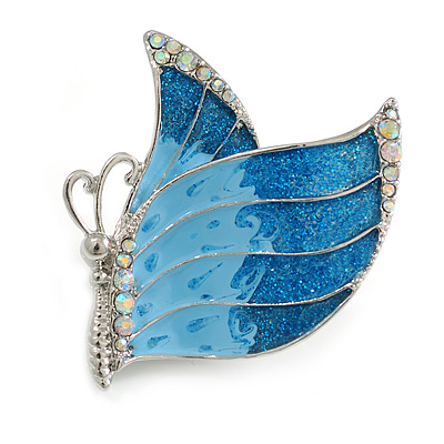 AB Crystals/Sky Blue Enamel Butterfly Brooch In Silver Tone Metal - 45mm Across - main view