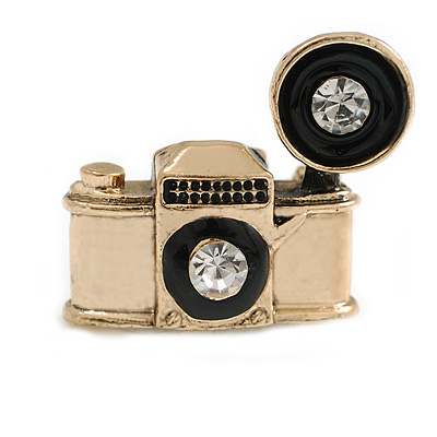 Vintage Inspired Aged Gold Tone Small Camera Brooch - 30mm Across - main view