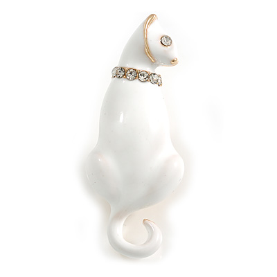 White Enamel with Crystal Collar Cat Brooch In Gold Tone Metal - 42mm Long