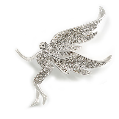 Silver Tone Pave Set Clear Crystal Fairy Brooch - 50mm Tall