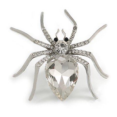 Statement Clear Crystal Spider Brooch In Silver Tone - 55mm Across