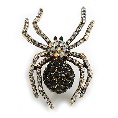 Vintage Style AB/Clear/Black Crystal Spider Brooch In Aged Gold Tone Metal - 50mm Long