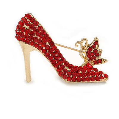 Red Crystal High Heel Shoe Brooch In Gold Tone Metal - 40mm L - main view