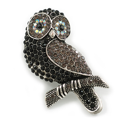 Vintage Inspired Black/ Grey/ Ab Crystal Owl Brooch In Aged Silver Tone - 65mm Long - main view