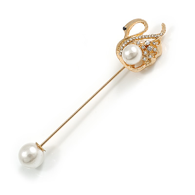 Gold Tone Crystal, Pearl Swan Lapel, Hat, Suit, Tuxedo, Collar, Scarf, Coat Stick Brooch Pin - 65mm L - main view