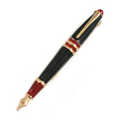 60mm L/ Black/ Dark Red Enamel Pen Brooch in Gold Tone/For Women/ Men/ Teachers/ Students/ Gifts - main view