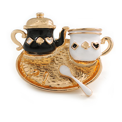 Black/White Enamel Teapot Teacup and Spoon on The Tray Dimentional Brooch in Gold Tone/ Cartoon Style - 35mm Across - main view