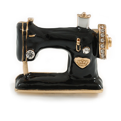 Gold Tone Black Enamel Sewing Machine Brooch/ Vintage Style - 35mm Wide - main view
