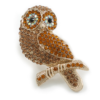 Amber/Citrine/AB Crystal Owl Brooch In Gold Tone - 70mm Long - main view