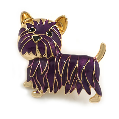 Purple Enamel Yorkie Dog Brooch In Gold Tone Metal - 35mm Across