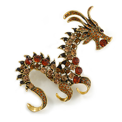 90mm Long/ Topaz/ Citrine/ Amber/ Black Crystal Chinese Dragon Large Brooch in Aged Gold Tone